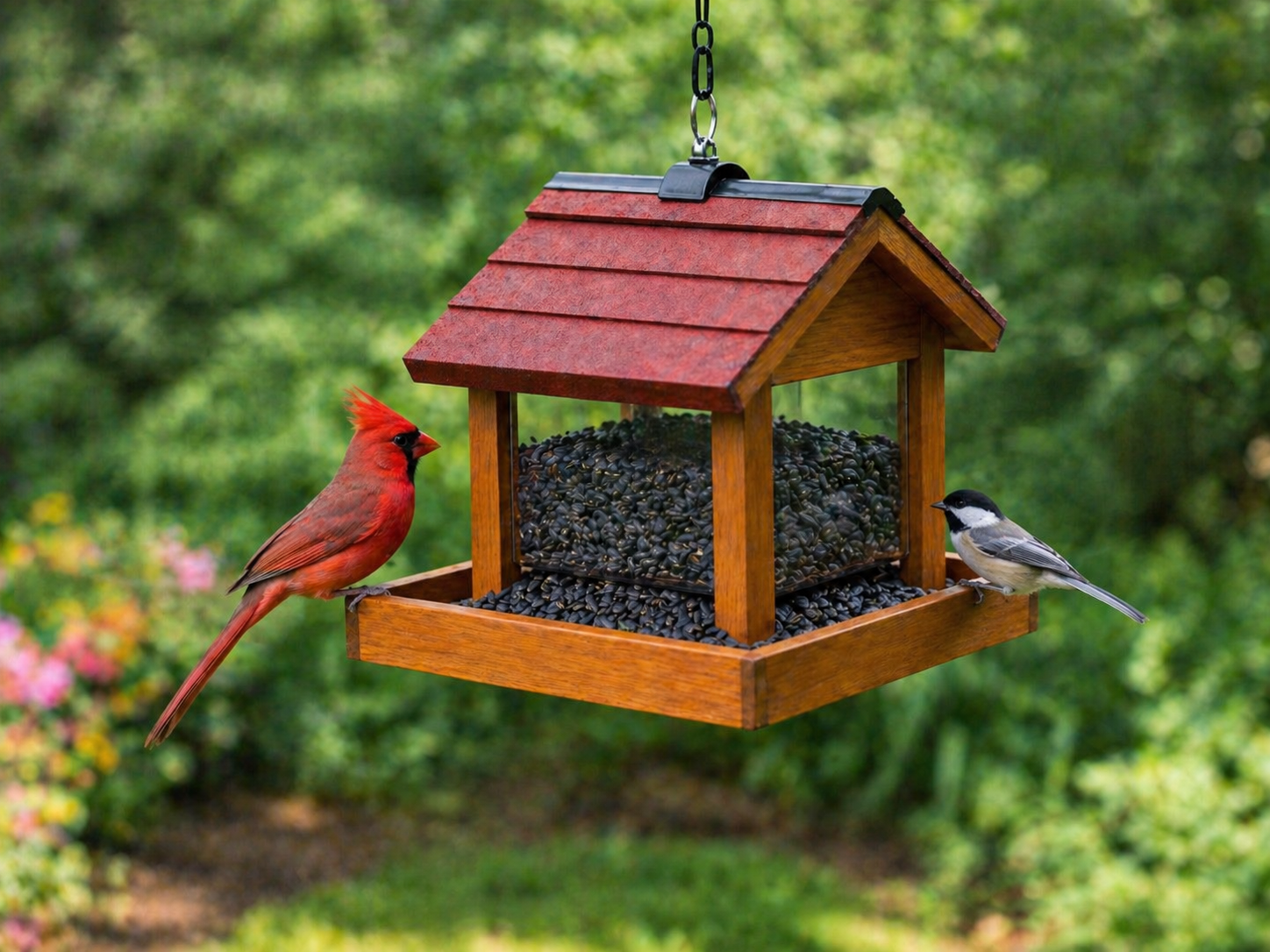 Northern Cardinal and Black-capped Chickadee feeding from opposite sides of a hopper feeder in a backyard