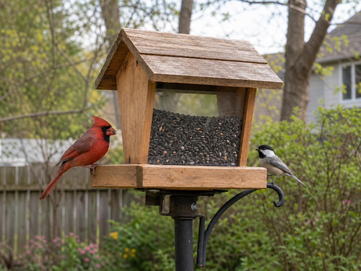 A male Northern Cardinal and a chickadee visit a wooden hopper feeder filled with black oil sunflower seed in a suburban backyard near shrubs and trees.