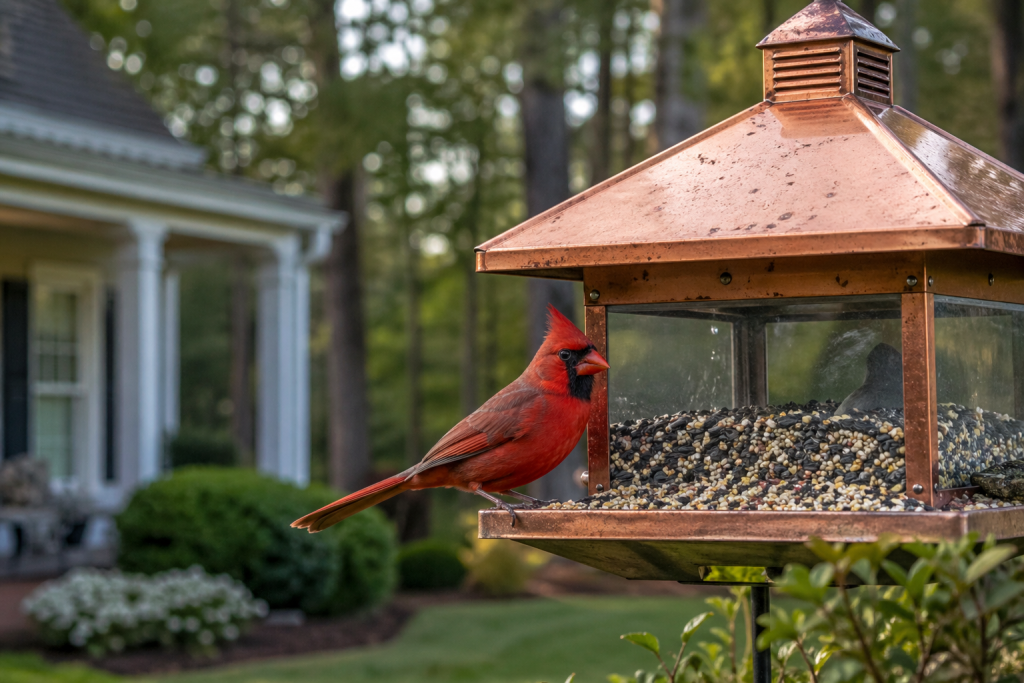 Northern Cardinal at a copper house style hopper feeder