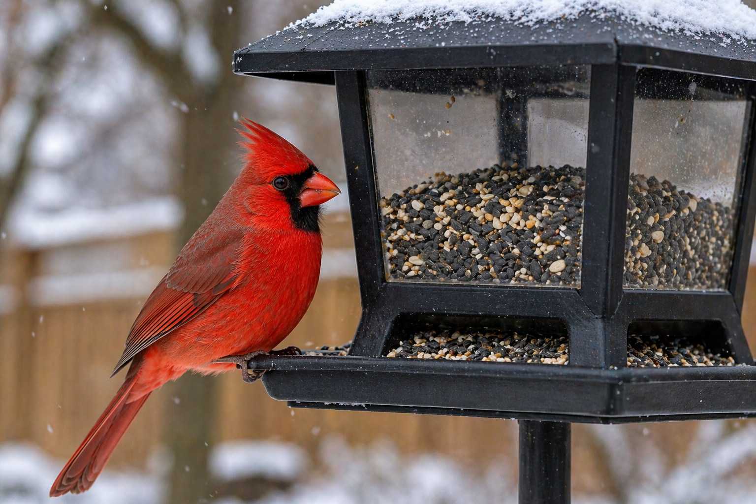 Male northern cardinal at a hopper feeder in an Indiana backyard