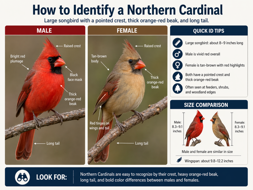 Male and female Northern Cardinals shown side by side with identification labels for crest, beak, plumage, face mask, and tail