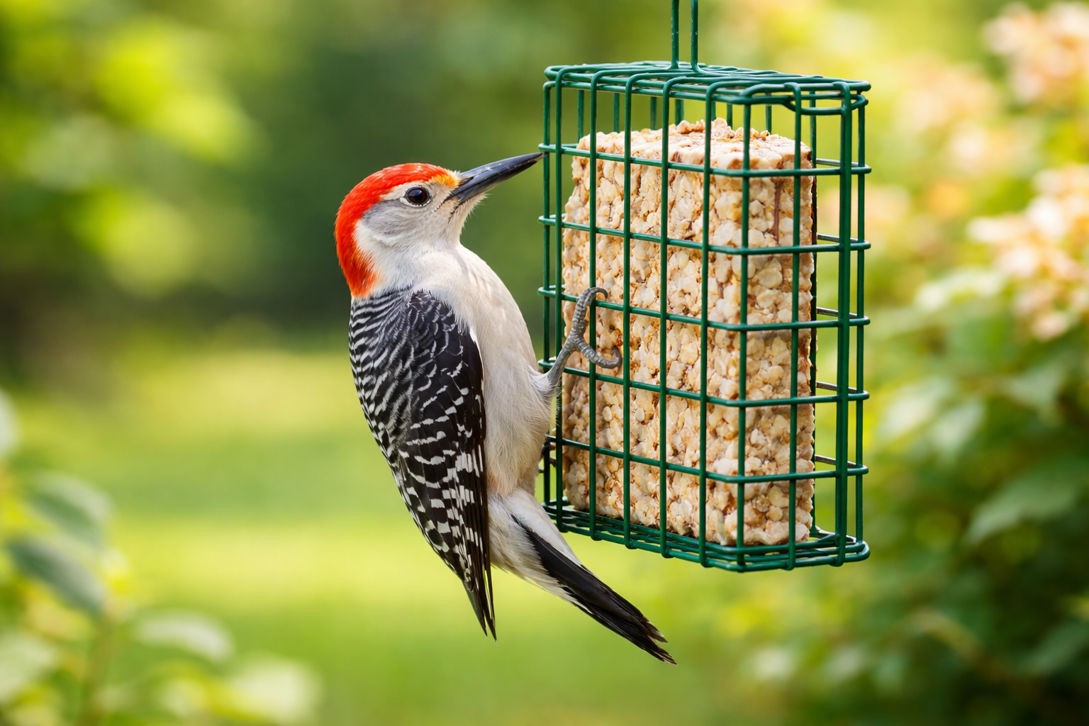 Red-bellied woodpecker clinging to a suet feeder and feeding in a backyard setting