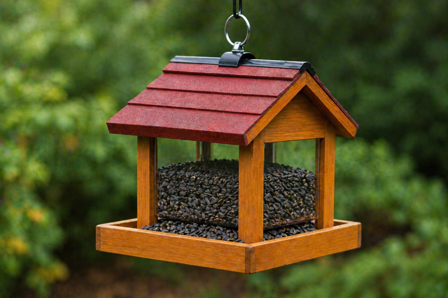 Red-roof hopper bird feeder filled with black oil sunflower seeds and a wide tray below