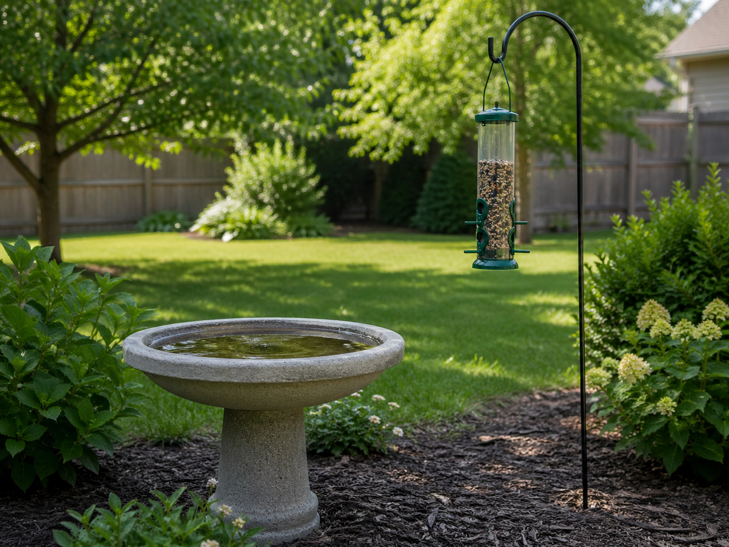 A simple shallow birdbath sits in a backyard garden bed near a hanging bird feeder, with grass, shrubs, trees, and a wooden fence in the background.
