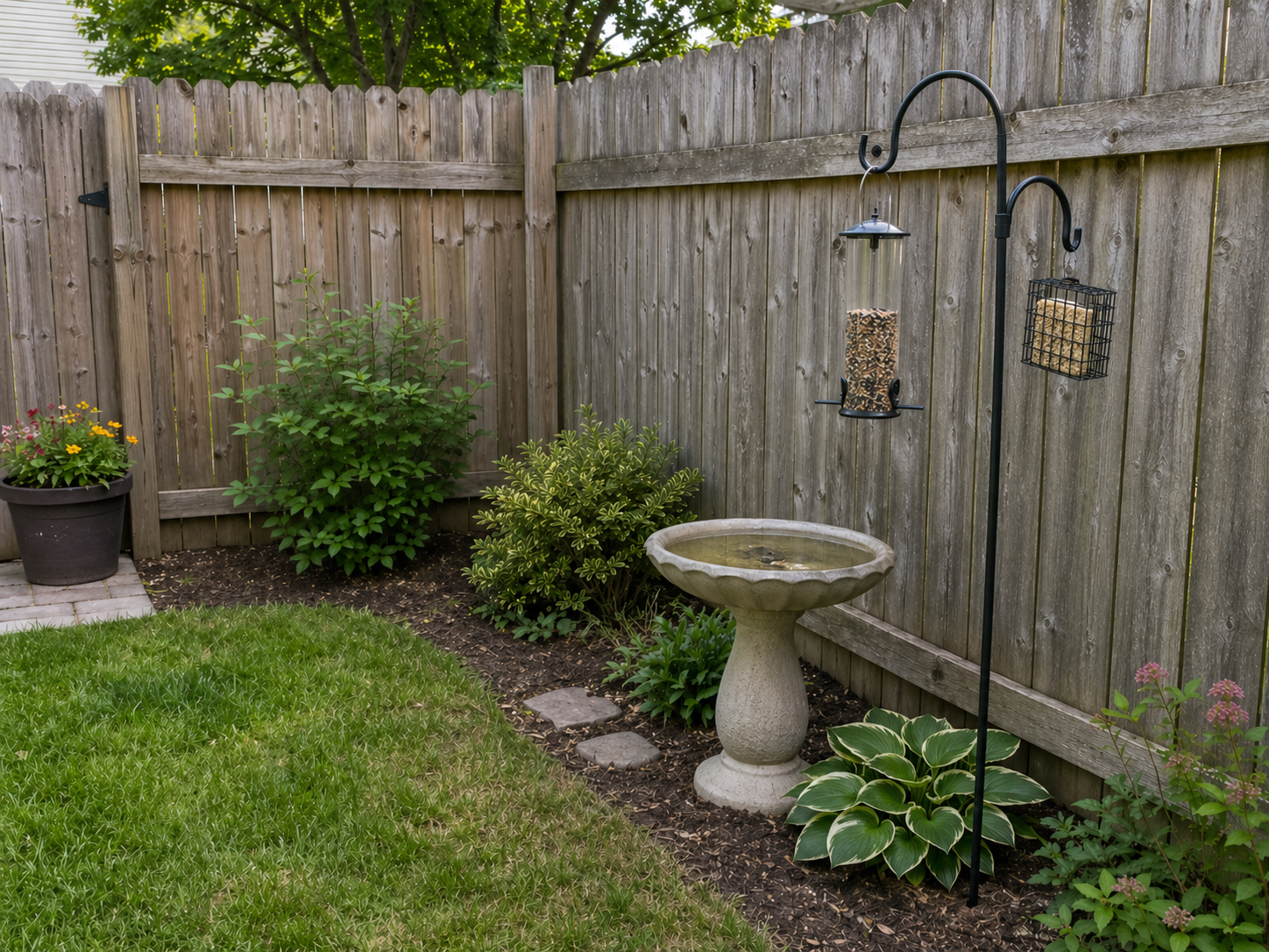 Small backyard bird setup with a tube feeder and suet feeder hanging from a double shepherd’s hook beside a pedestal birdbath near a wooden fence.