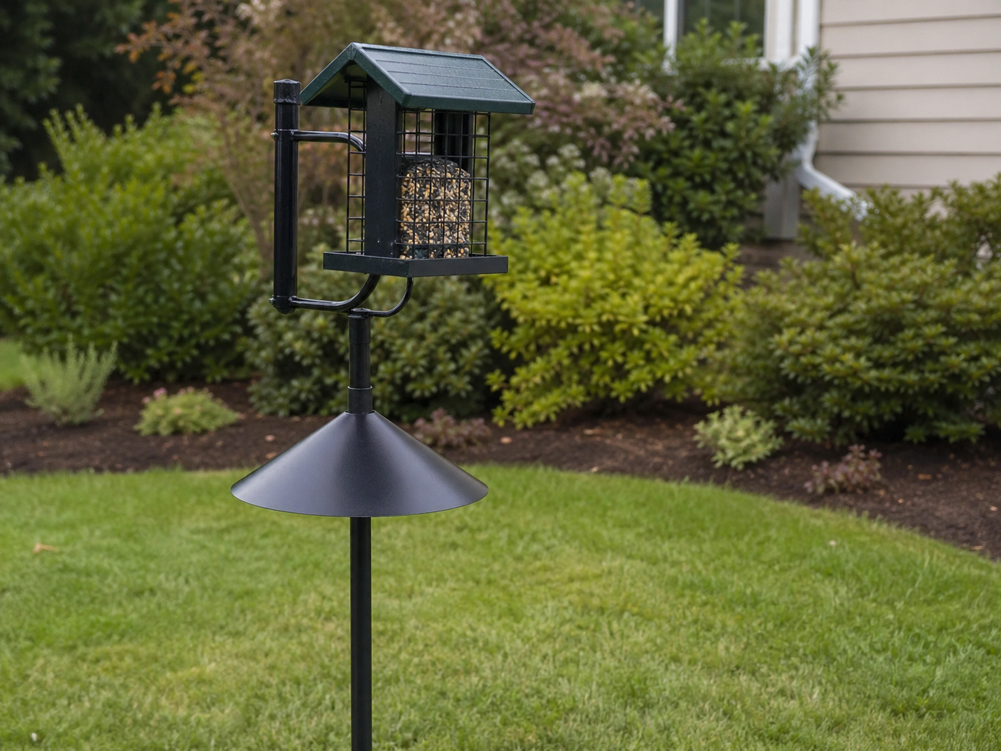 Squirrel-proof bird feeder mounted on a black metal pole with a cone baffle below it, set in a green suburban backyard with shrubs and lawn.