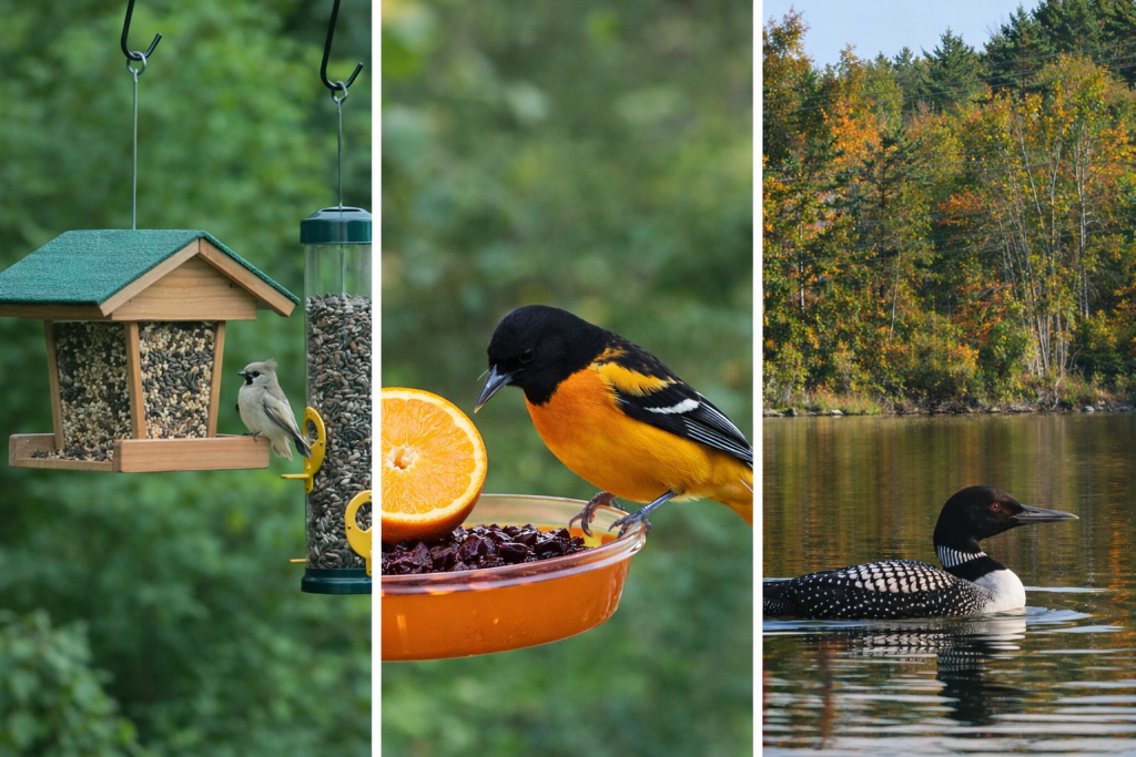 Overview of state bird guides showing backyard feeder birds, an oriole feeding on fruit, and a loon on a lake