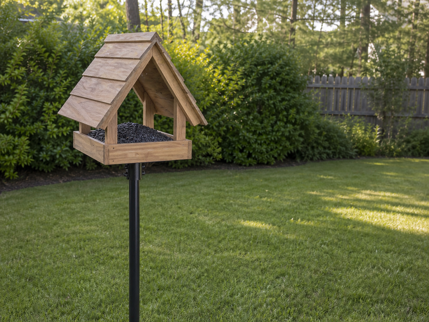 A wooden steeple-shaped hopper feeder filled with black oil sunflower seed stands on a pole about five feet from a backyard shrub line.