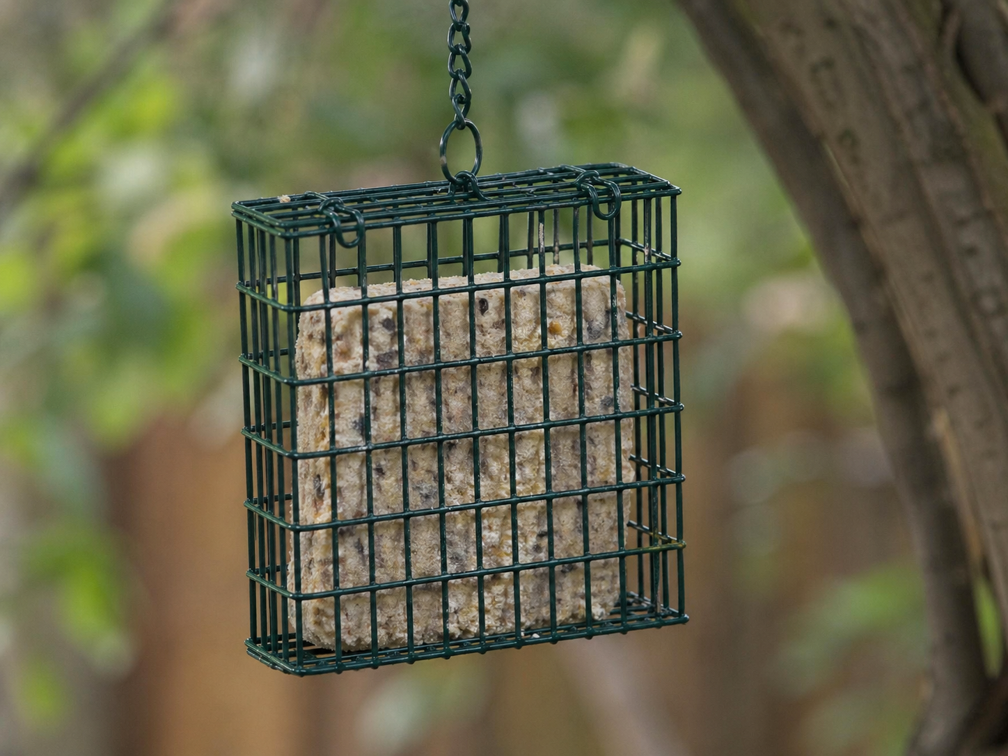 Close-up of a hanging green wire mesh suet cage feeder holding a square suet cake inside, with a softly blurred backyard background.