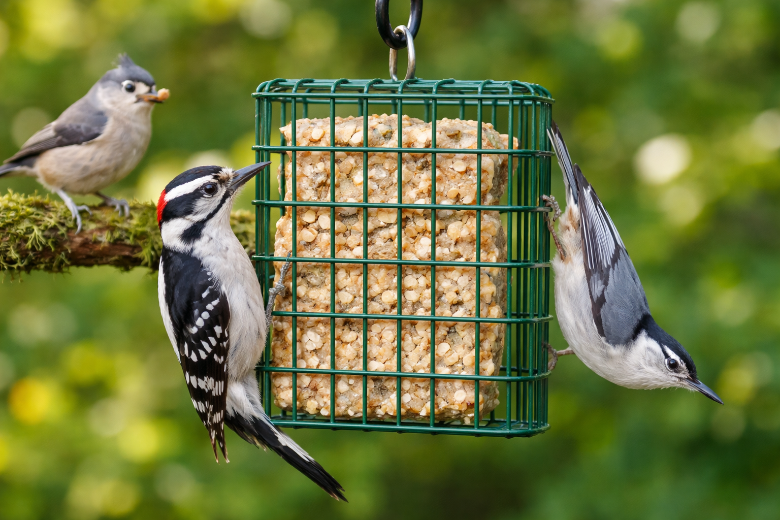 Downy Woodpecker and White-breasted Nuthatch feeding on a suet feeder in a backyard
