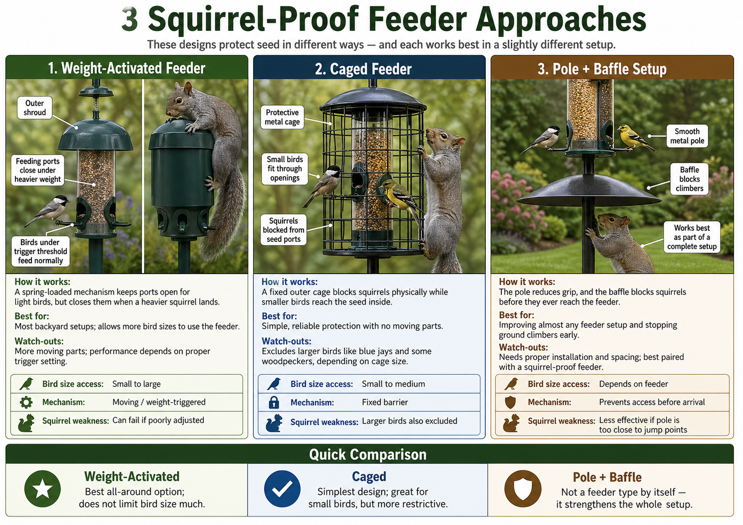 Side-by-side infographic comparing weight-activated feeders, caged feeders, and pole-and-baffle setups, showing how each protects birdseed from squirrels and what bird sizes they allow.