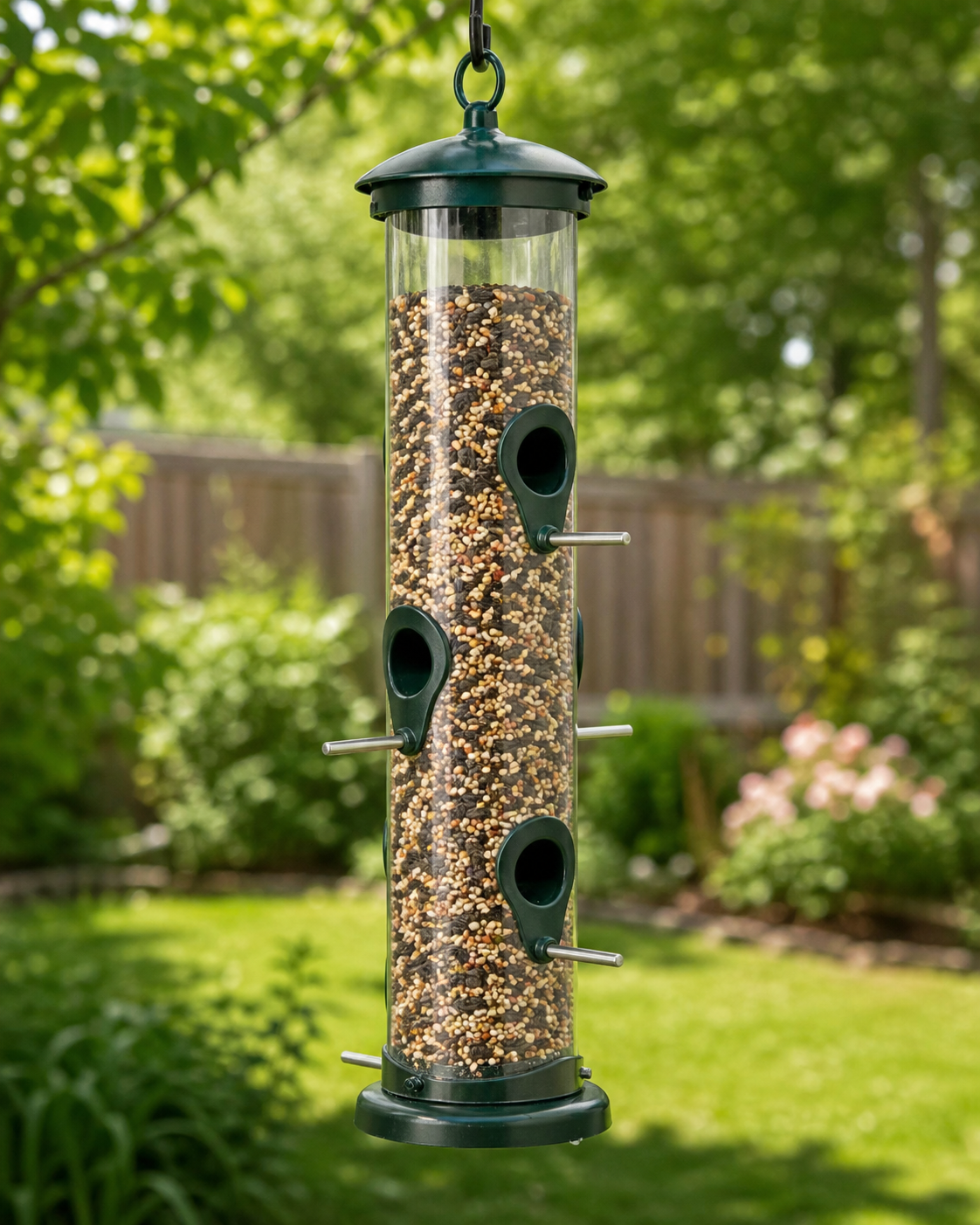 Clear cylindrical tube bird feeder filled with mixed seed, showing individual green feeding ports and short metal perches against a softly blurred backyard garden.