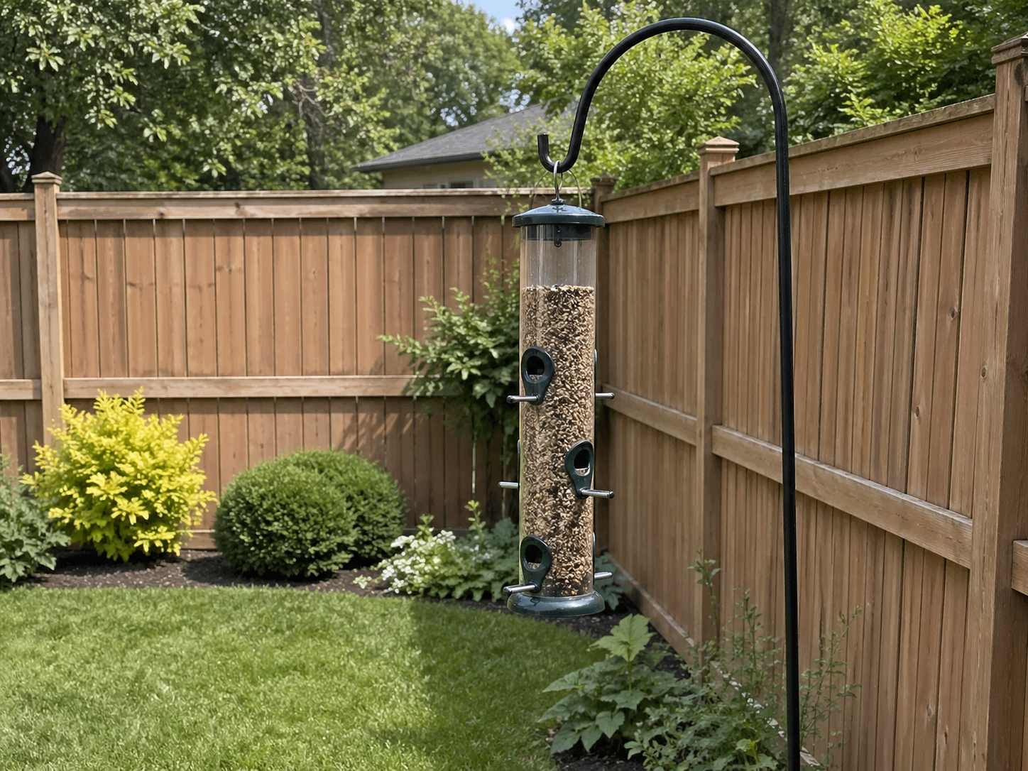 Seed-filled tube bird feeder hanging from a black shepherd’s hook near a wooden privacy fence in a small backyard with lawn, shrubs, and garden plants.