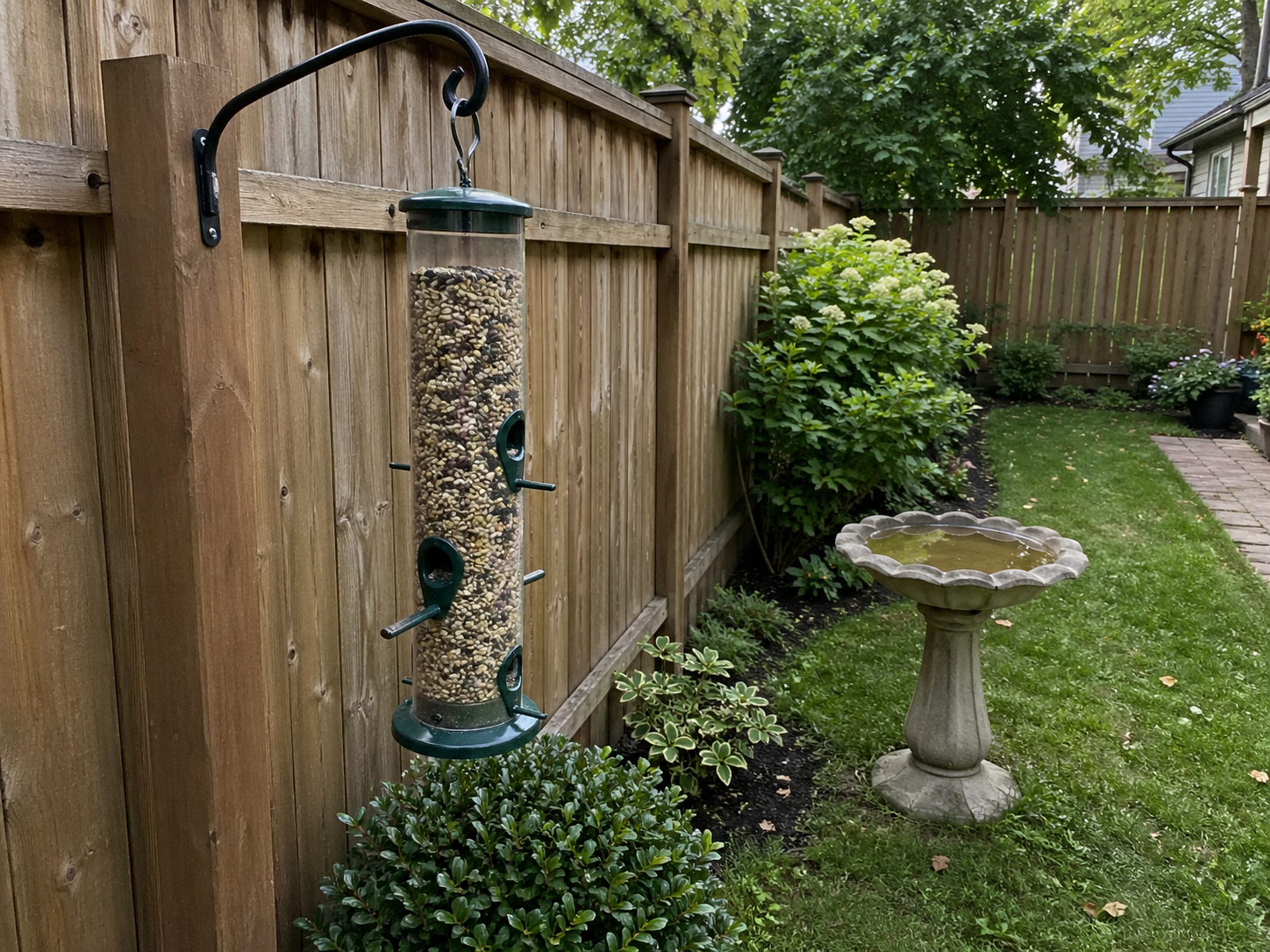 Tube bird feeder mounted on a black bracket beside a wooden privacy fence in a small backyard, with shrubs, lawn, and a stone birdbath nearby.