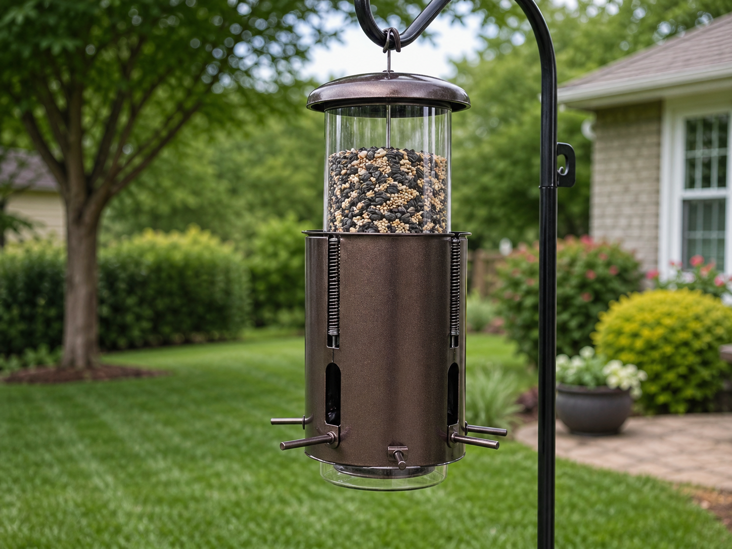 Weight-activated squirrel-proof tube bird feeder mounted on a black metal pole in a backyard, with spring-loaded feeding ports designed to close under a squirrel’s weight.