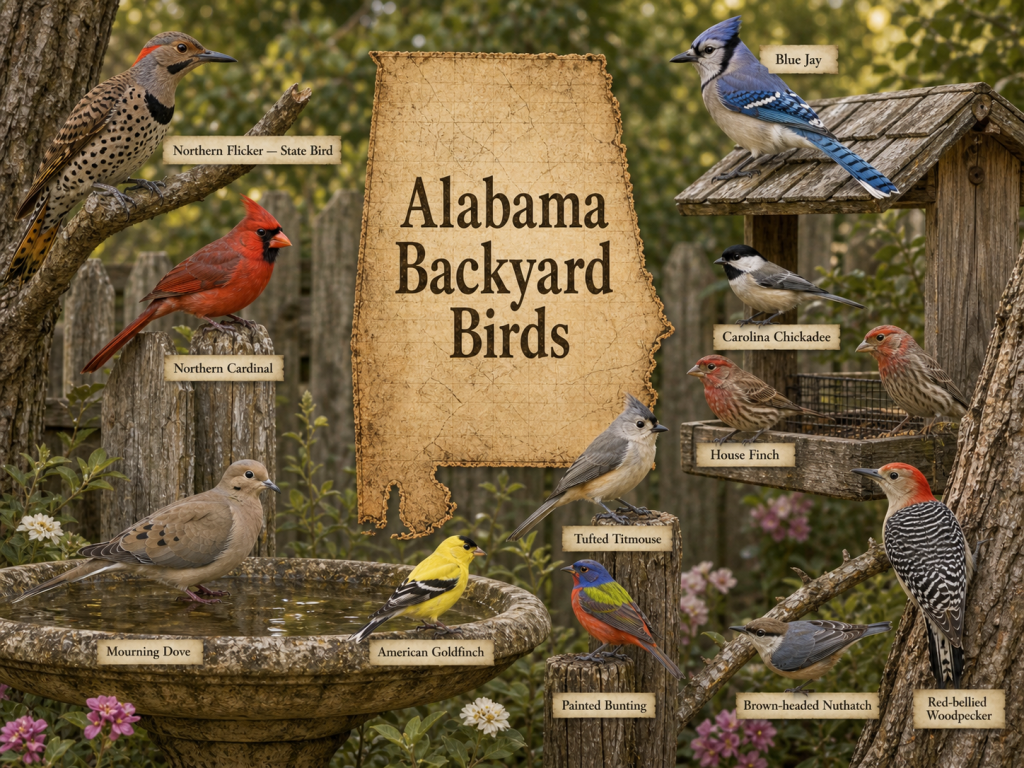 Rustic Alabama backyard birds hero image with Northern Flicker state bird, Northern Cardinal, Blue Jay, Carolina Chickadee, Tufted Titmouse, House Finch, American Goldfinch, Mourning Dove, Red-bellied Woodpecker, Brown-headed Nuthatch, and Painted Bunting around a parchment map