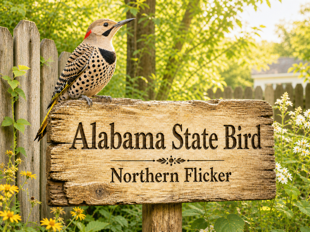 Northern Flicker perched on a rustic wooden sign that reads Alabama State Bird and Northern Flicker