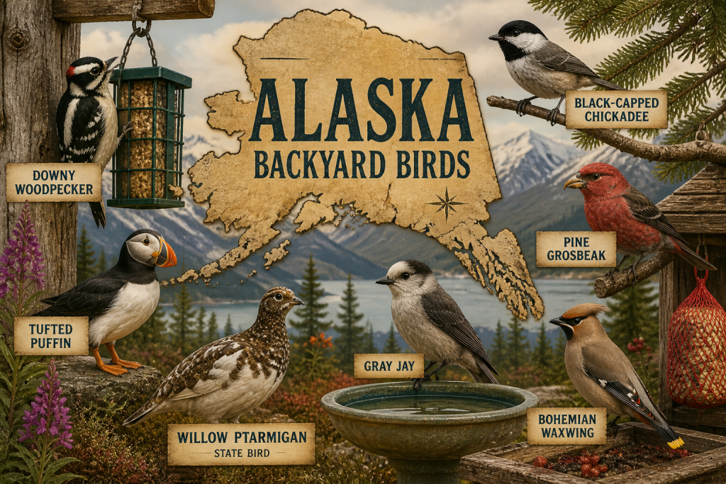Alaska Backyard Birds illustration with Willow Ptarmigan, Black-capped Chickadee, Downy Woodpecker, Pine Grosbeak, Gray Jay, Bohemian Waxwing, and Tufted Puffin around a parchment-style Alaska map, feeder, and birdbath