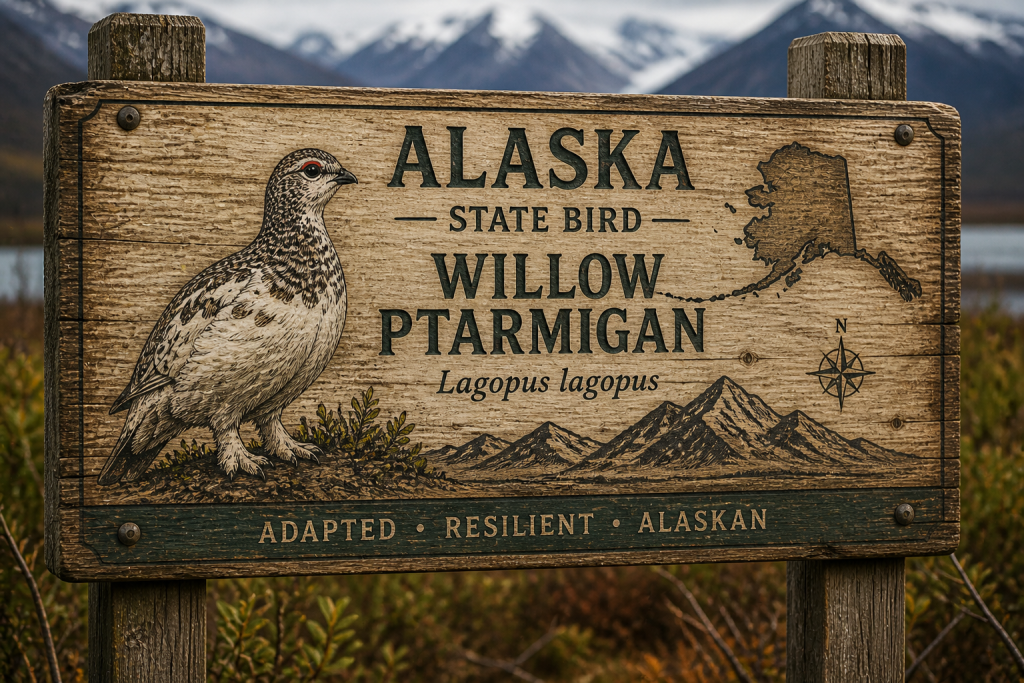 Rustic wooden sign featuring the Willow Ptarmigan as the Alaska State Bird with an Alaska map, mountain backdrop, and tundra habitat