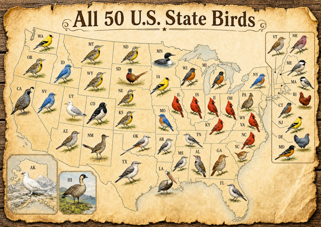 Rustic illustrated map of the United States showing each state with its official state bird, including Northern Cardinal, Eastern Bluebird, Northern Mockingbird, Western Meadowlark, American Robin, Common Loon, Brown Pelican, Cactus Wren, California Quail, and other state birds