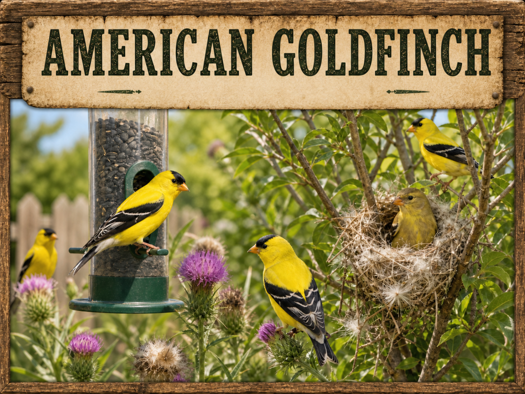 Rustic Birdbrella-style image of American Goldfinches in a backyard garden, with a bright male on a tube feeder, additional goldfinches perched nearby, and a female at a nest in a shrub among thistle flowers