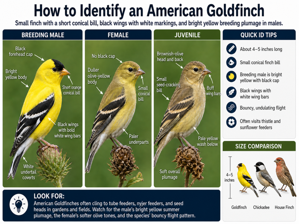 American Goldfinch identification guide showing breeding male, female, juvenile, quick ID tips, and size comparison