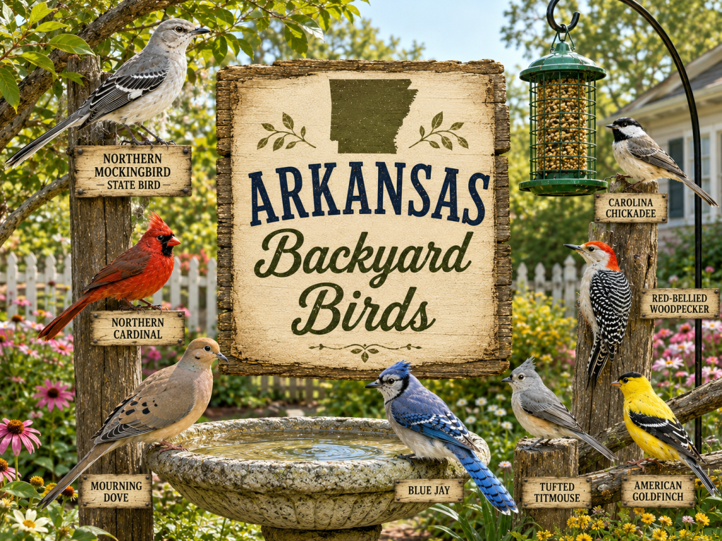 Arkansas Backyard Birds rustic wooden sign featuring Northern Mockingbird — State Bird, Northern Cardinal, Carolina Chickadee, Red-Bellied Woodpecker, Mourning Dove, Blue Jay, Tufted Titmouse, and American Goldfinch in a bright backyard garden