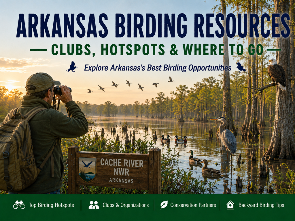 Birder scanning a cypress wetland at Cache River National Wildlife Refuge in Arkansas with a Bald Eagle, Great Blue Heron, Wood Ducks, Mallards, and flying waterfowl