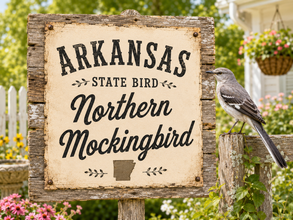 Northern Mockingbird perched beside a rustic Arkansas State Bird sign in a bright backyard garden
