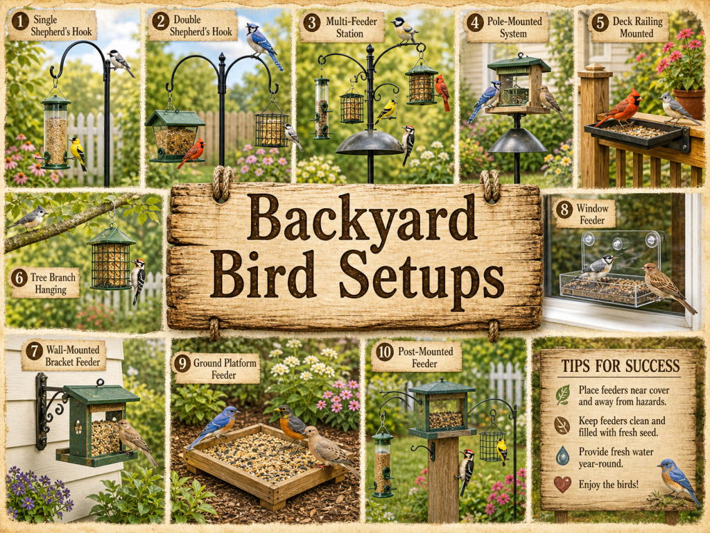 Rustic Backyard Bird Setups sign surrounded by feeder hanging methods including Single Shepherd’s Hook, Double Shepherd’s Hook, Multi-Feeder Station, Pole-Mounted System, Deck Railing Mount, Tree Branch Hanging, Wall-Mounted Bracket Feeder, Window Feeder, Ground Platform Feeder, and Post-Mounted Feeder with Northern Cardinal, Blue Jay, American Goldfinch, Black-Capped Chickadee, Eastern Bluebird, Downy Woodpecker, Mourning Dove, and House Sparrow