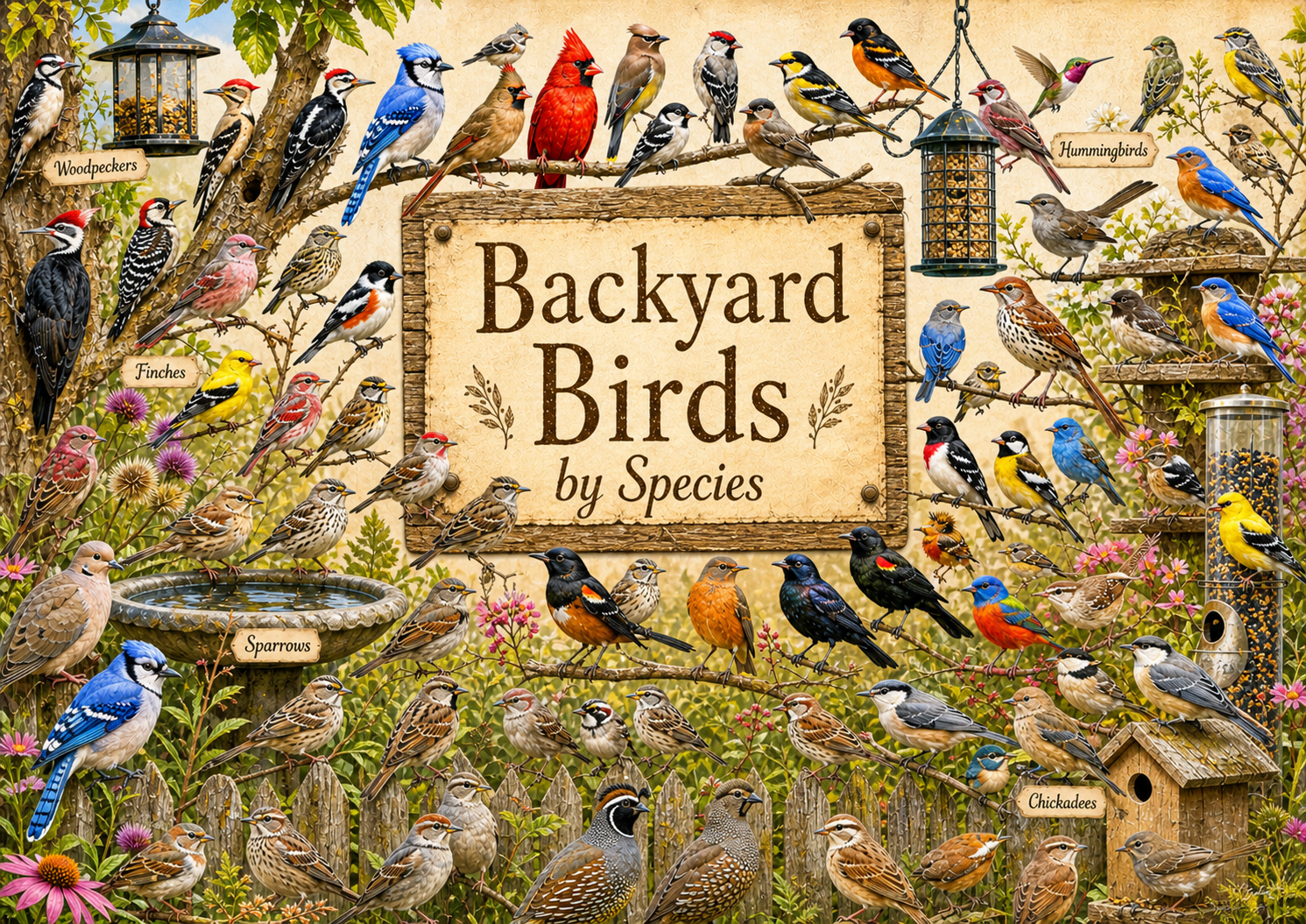 Backyard Birds by Species collage with Northern Cardinal, Blue Jay, American Goldfinch, House Finch, Purple Finch, Black-capped Chickadee, Tufted Titmouse, White-breasted Nuthatch, Downy Woodpecker, Red-bellied Woodpecker, Northern Flicker, Pileated Woodpecker, Mourning Dove, American Robin, Eastern Bluebird, Northern Mockingbird, Carolina Wren, Baltimore Oriole, Ruby-throated Hummingbird, Painted Bunting, Dark-eyed Junco, and many other backyard birds around feeders and a birdbath