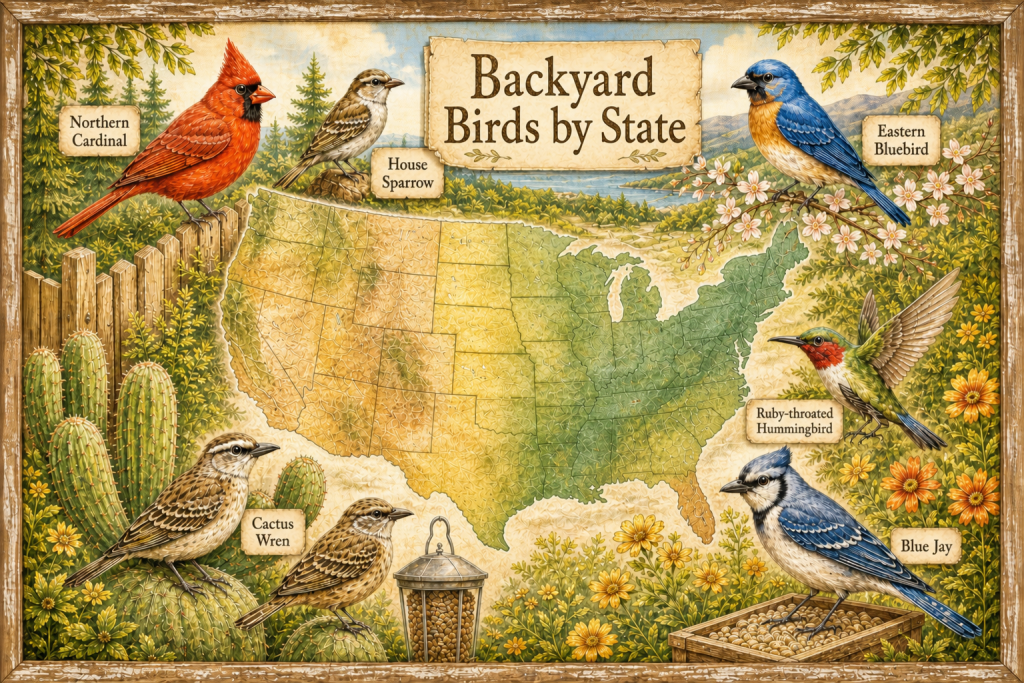 Backyard birds by state illustrated with a United States map and common feeder birds from different regions