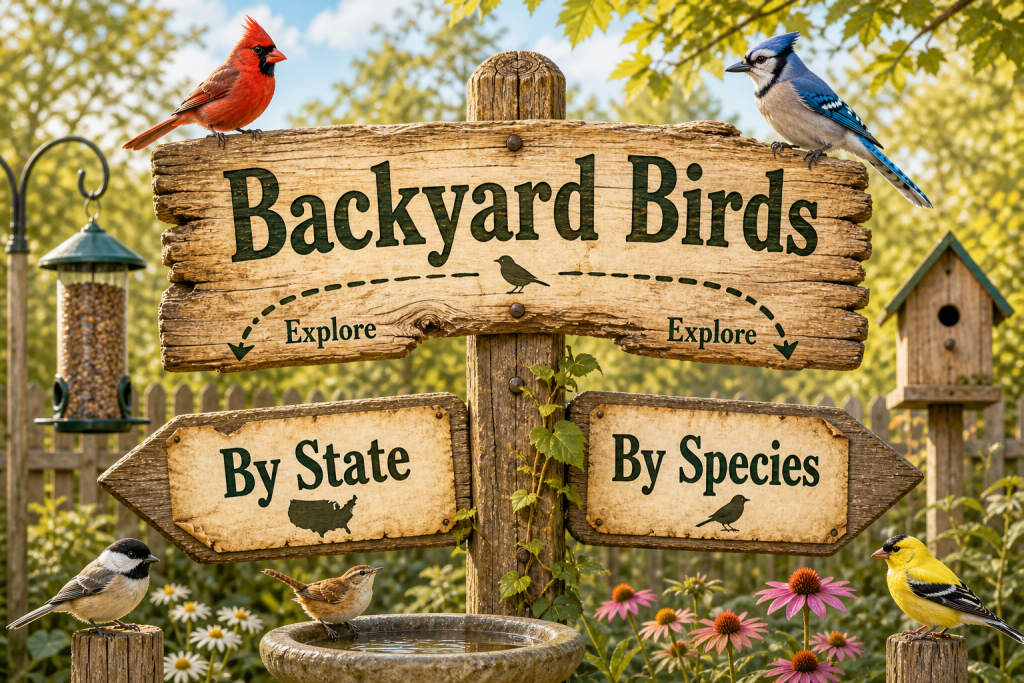 Rustic Backyard Birds sign with arrows pointing to By State and By Species birding guides