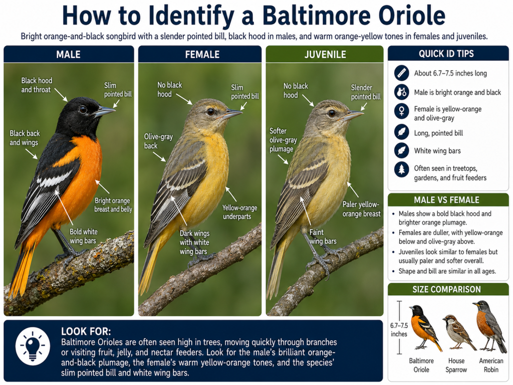 Baltimore Oriole identification guide showing Male, Female, and Juvenile plumage, black hood, bright orange body, yellow-orange female coloring, slender pointed bill, white wing bars, and size comparison