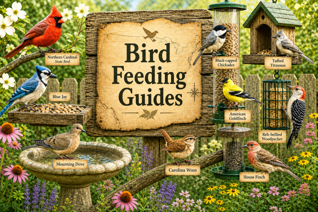 Rustic Bird Feeding Guides image showing common backyard birds around tube, platform, suet, and seed feeders in a bright garden setting