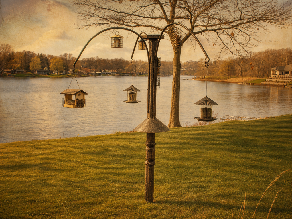 Rustic Birdbrella Feeder setup with hopper feeder, tube feeders, suet feeder, and hanging seed feeders beside a lakeside backyard