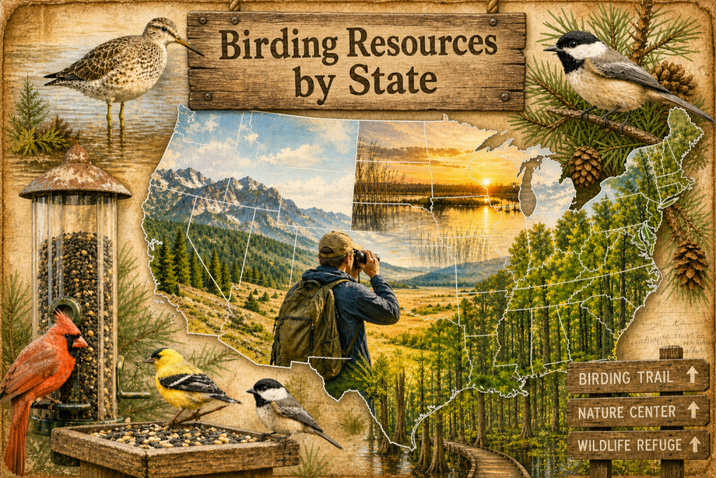 united states map collage showing birding hotspots wetlands forests backyard feeders and birdwatcher with binoculars