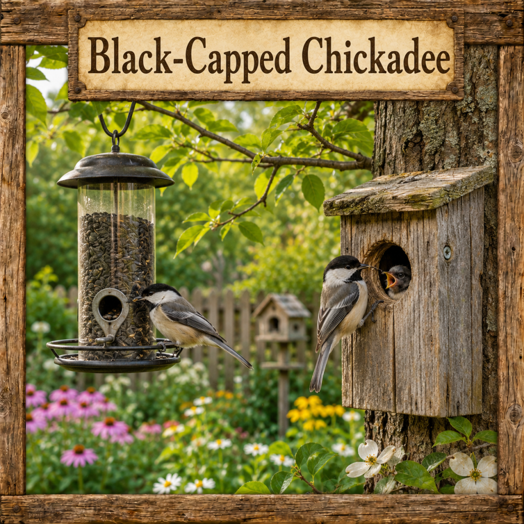 Black-Capped Chickadee perched on a tube feeder with sunflower seeds while another Black-Capped Chickadee tends nestlings in a wooden nest box
