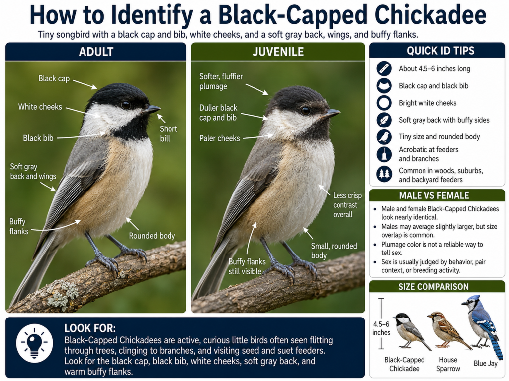 Black-Capped Chickadee identification guide showing Adult and Juvenile plumage, black cap, black bib, white cheeks, soft gray back, buffy flanks, and size comparison