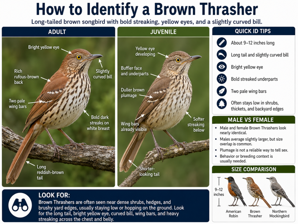 Brown Thrasher identification guide showing Adult and Juvenile plumage, bright yellow eyes, long reddish-brown tail, slightly curved bill, pale wing bars, and bold streaked underparts