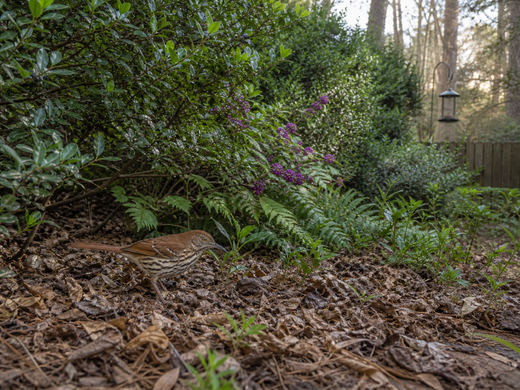 Brown Thrasher foraging in leaf litter beneath a dense native shrub border in a Georgia backyard garden