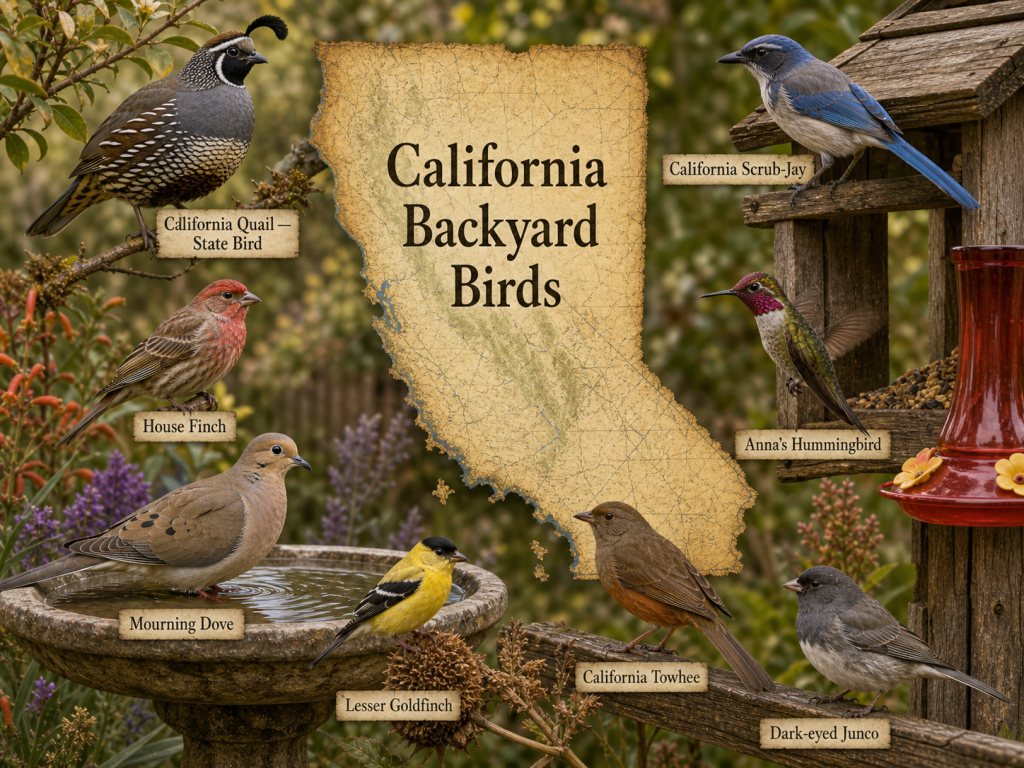 Rustic California backyard birds hero image with California Quail state bird, California Scrub-Jay, Anna’s Hummingbird, House Finch, Lesser Goldfinch, Mourning Dove, California Towhee, and Dark-eyed Junco around a parchment map
