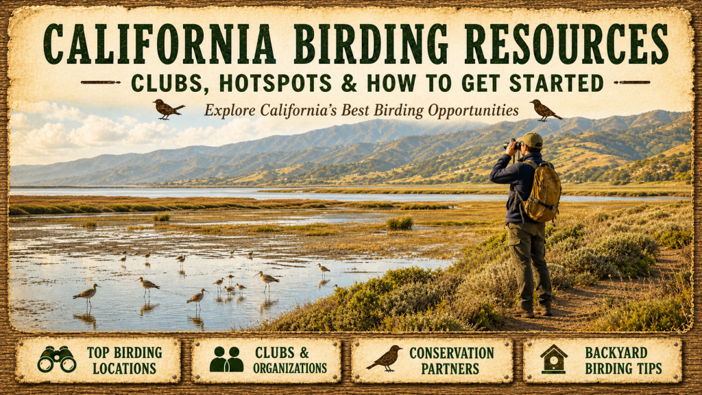 Birder with binoculars overlooking California coastal wetlands with shorebirds in the foreground
