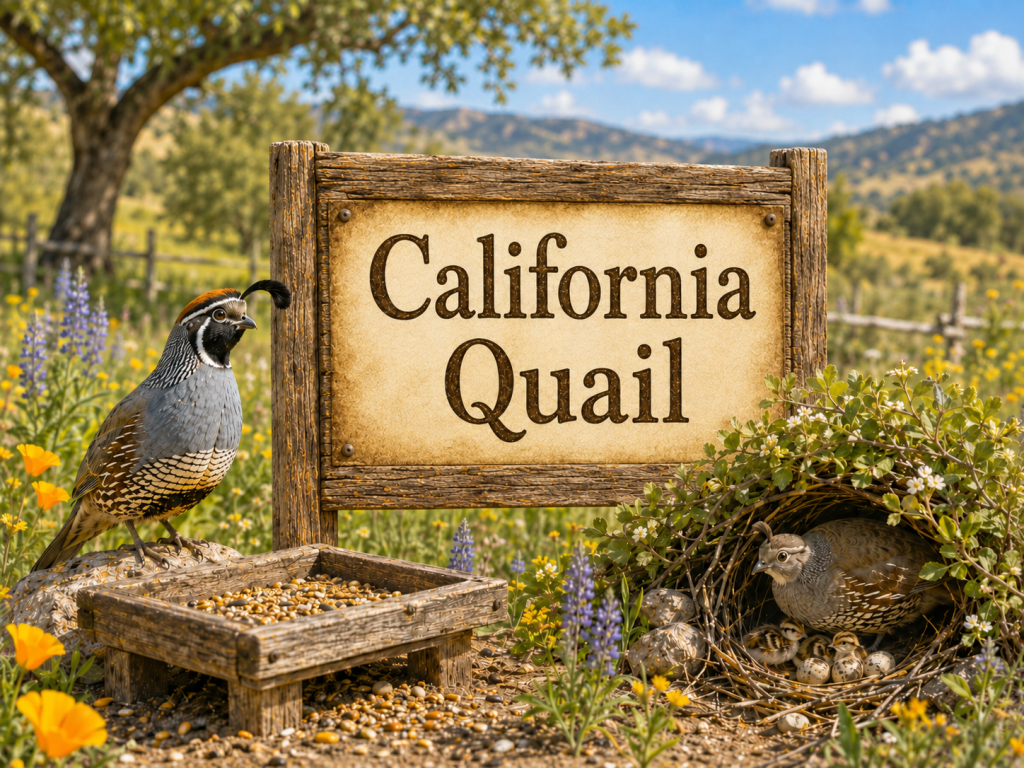 Male and Female California Quail near a low platform feeder and nesting area in a bright California meadow