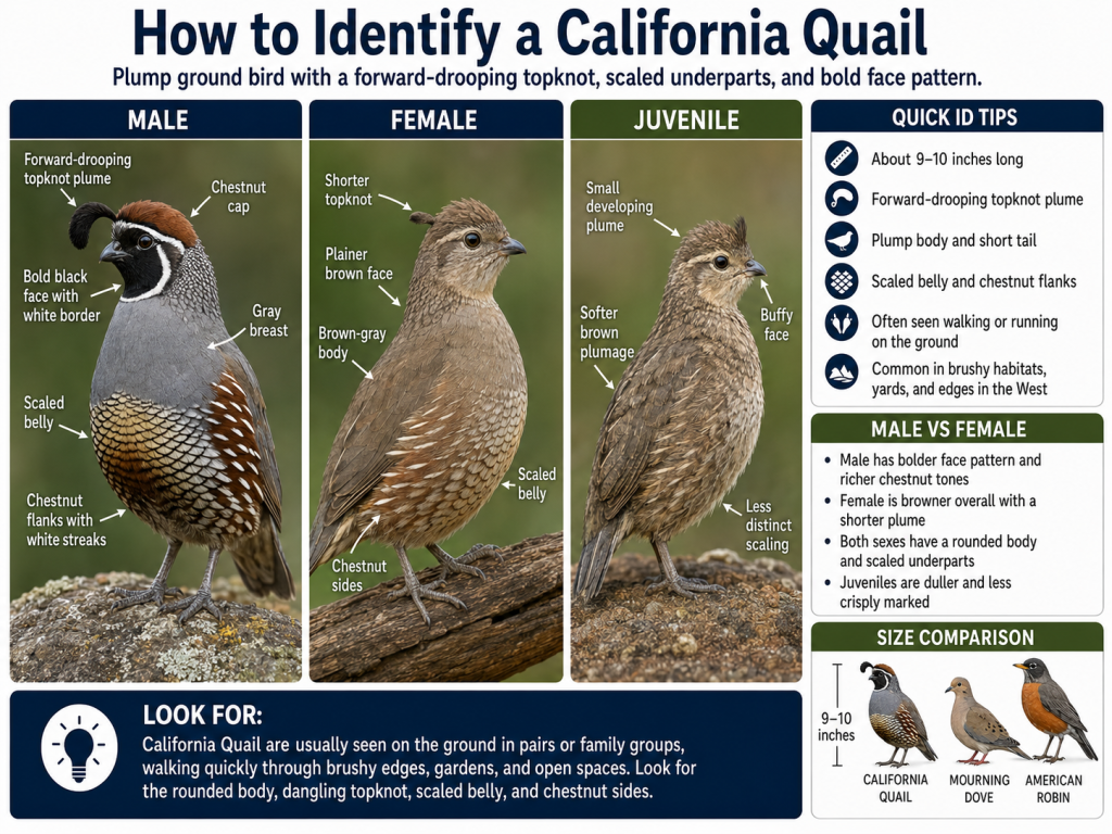 California Quail identification guide showing male, female, and juvenile plumage, forward-drooping topknot plume, scaled belly, chestnut flanks, and size comparison
