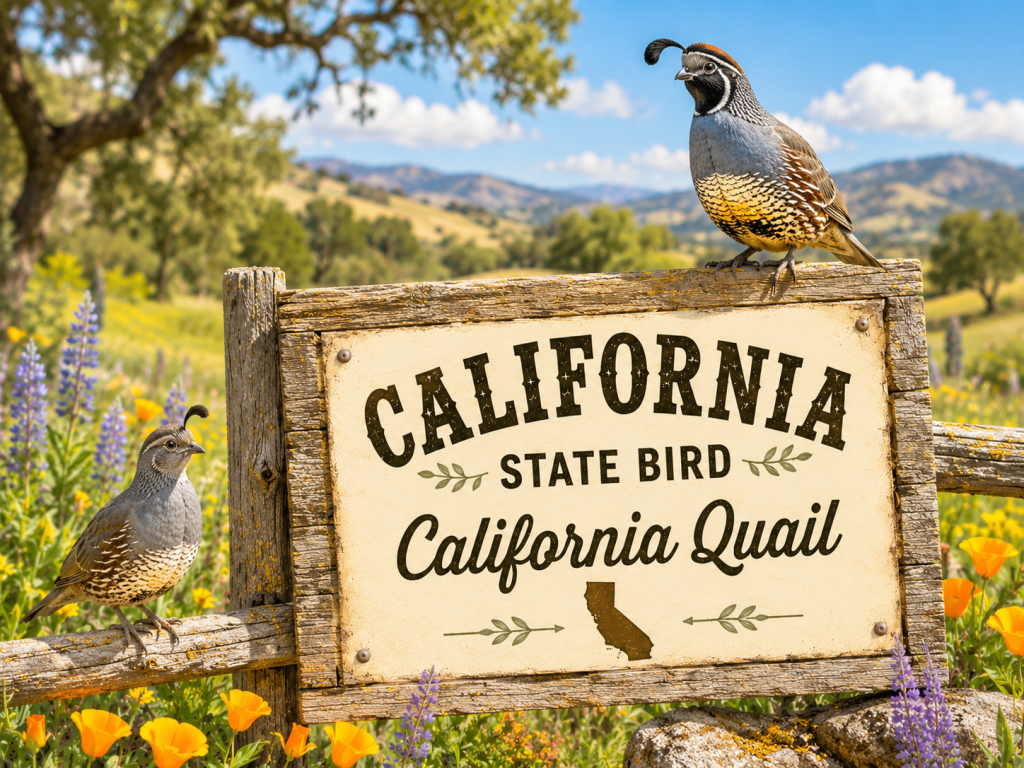 Male and Female California Quail perched beside a rustic California State Bird sign in a bright meadow setting