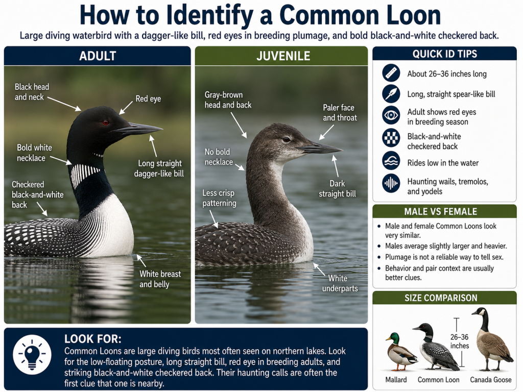 Common Loon identification guide showing Adult and Juvenile plumage, red eyes, straight dagger-like bill, black-and-white checkered back, and low-floating posture