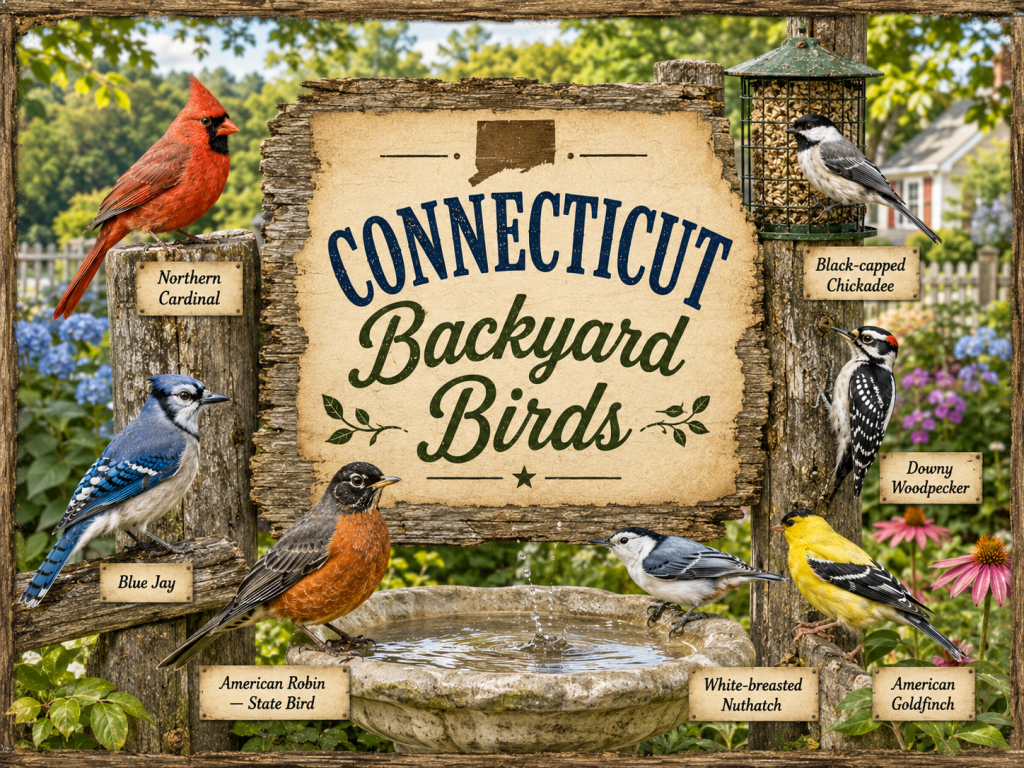 Rustic Connecticut Backyard Birds sign with American Robin, Northern Cardinal, Black-capped Chickadee, Blue Jay, Downy Woodpecker, White-breasted Nuthatch, and American Goldfinch around a backyard feeder and birdbath