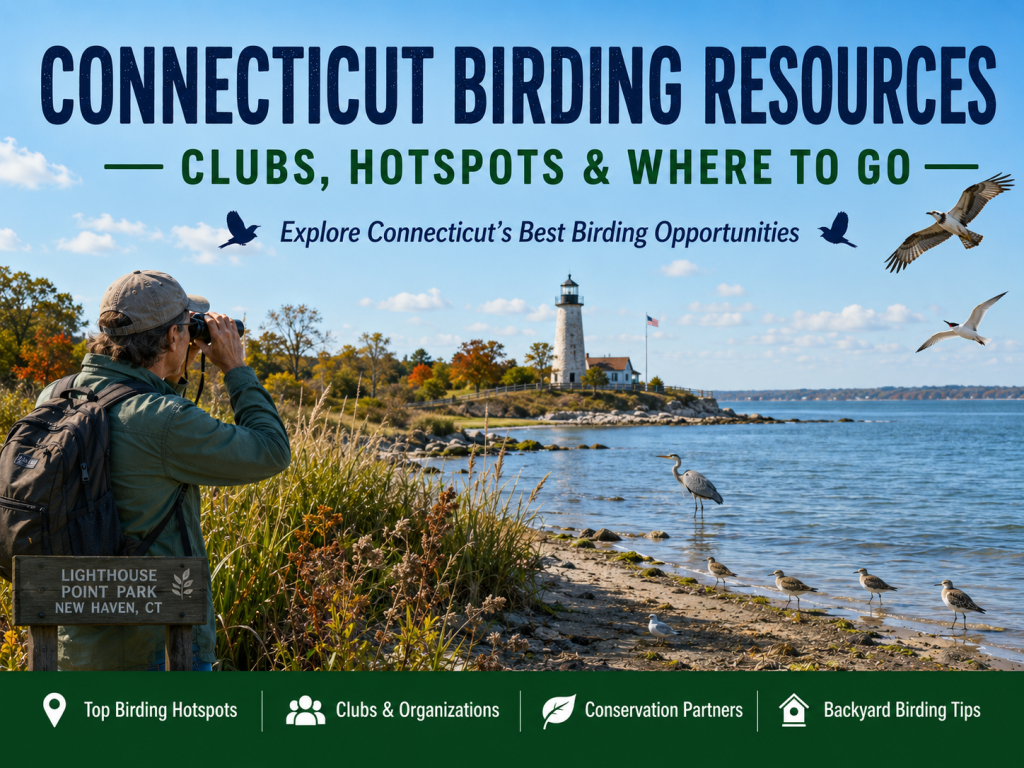 Birder scanning the shoreline at Lighthouse Point Park in New Haven, Connecticut with an Osprey, Great Blue Heron, gulls, terns, and shorebirds along Long Island Sound