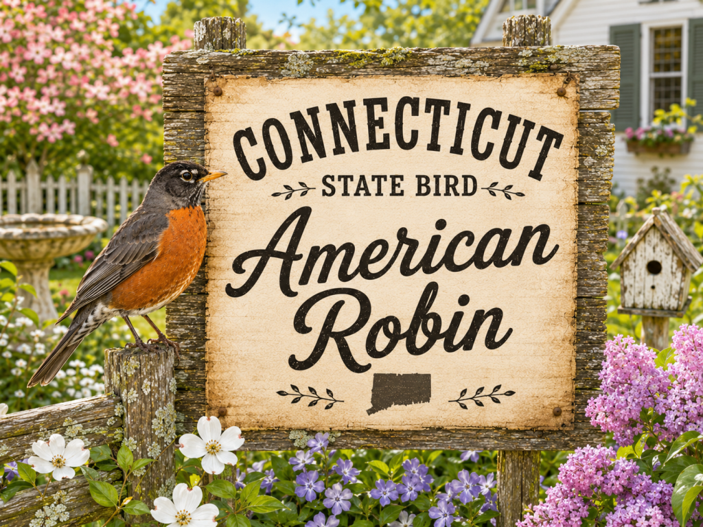 American Robin perched beside a rustic Connecticut State Bird sign in a bright spring backyard garden